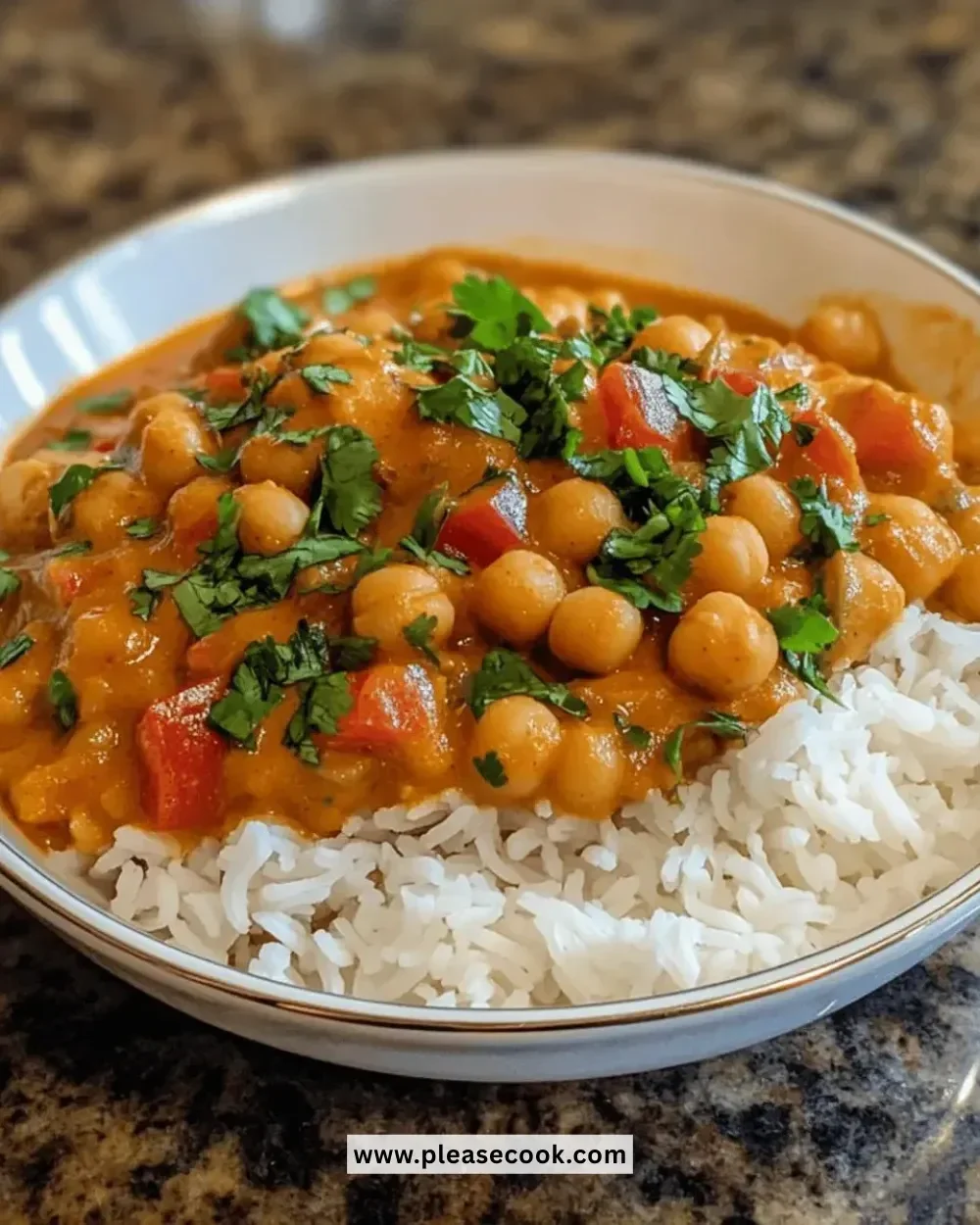 Bowl of easy chickpea curry with colorful spices and ingredients