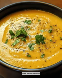 Bowl of easy creamy butternut squash soup garnished with herbs.