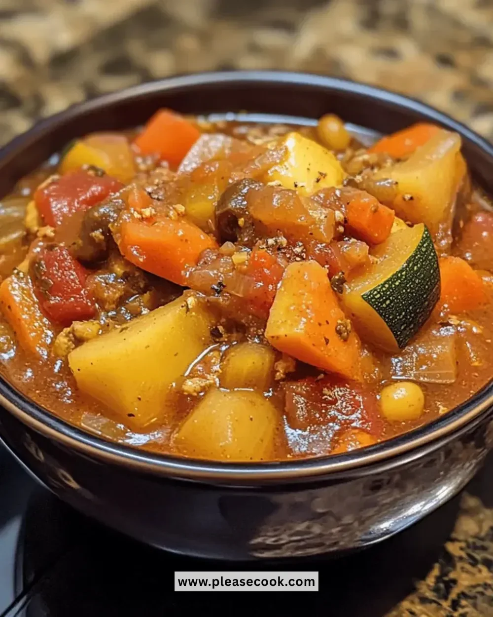 Easy Crockpot Mediterranean Vegetable Stew in a bowl with fresh vegetables