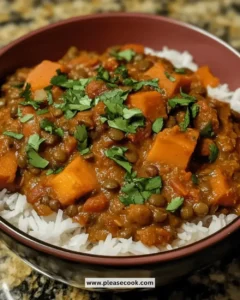 Easy crockpot sweet potato and lentil curry recipe with spices and vegetables