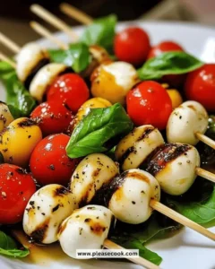 Easy fresh mini Caprese skewers with tomatoes, mozzarella, and basil on skewers
