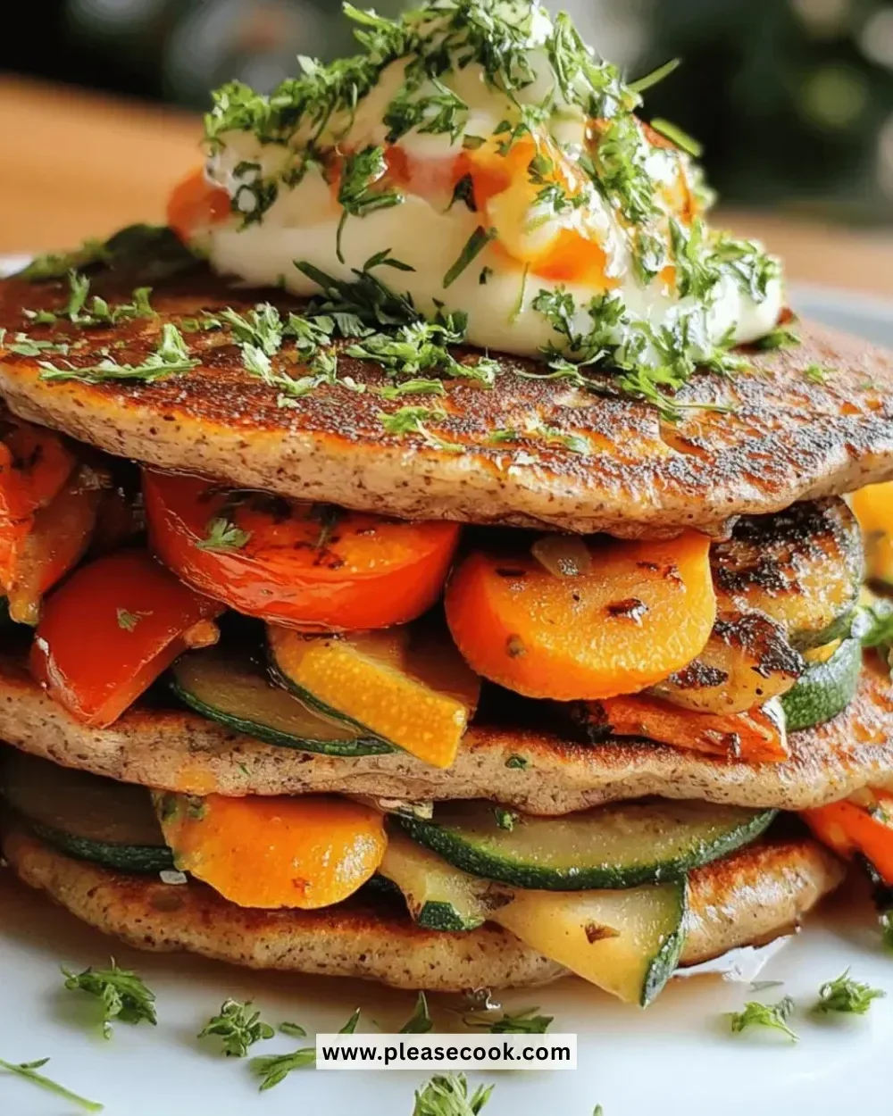 Easy gluten-free buckwheat veggie pancakes served on a plate with fresh toppings
