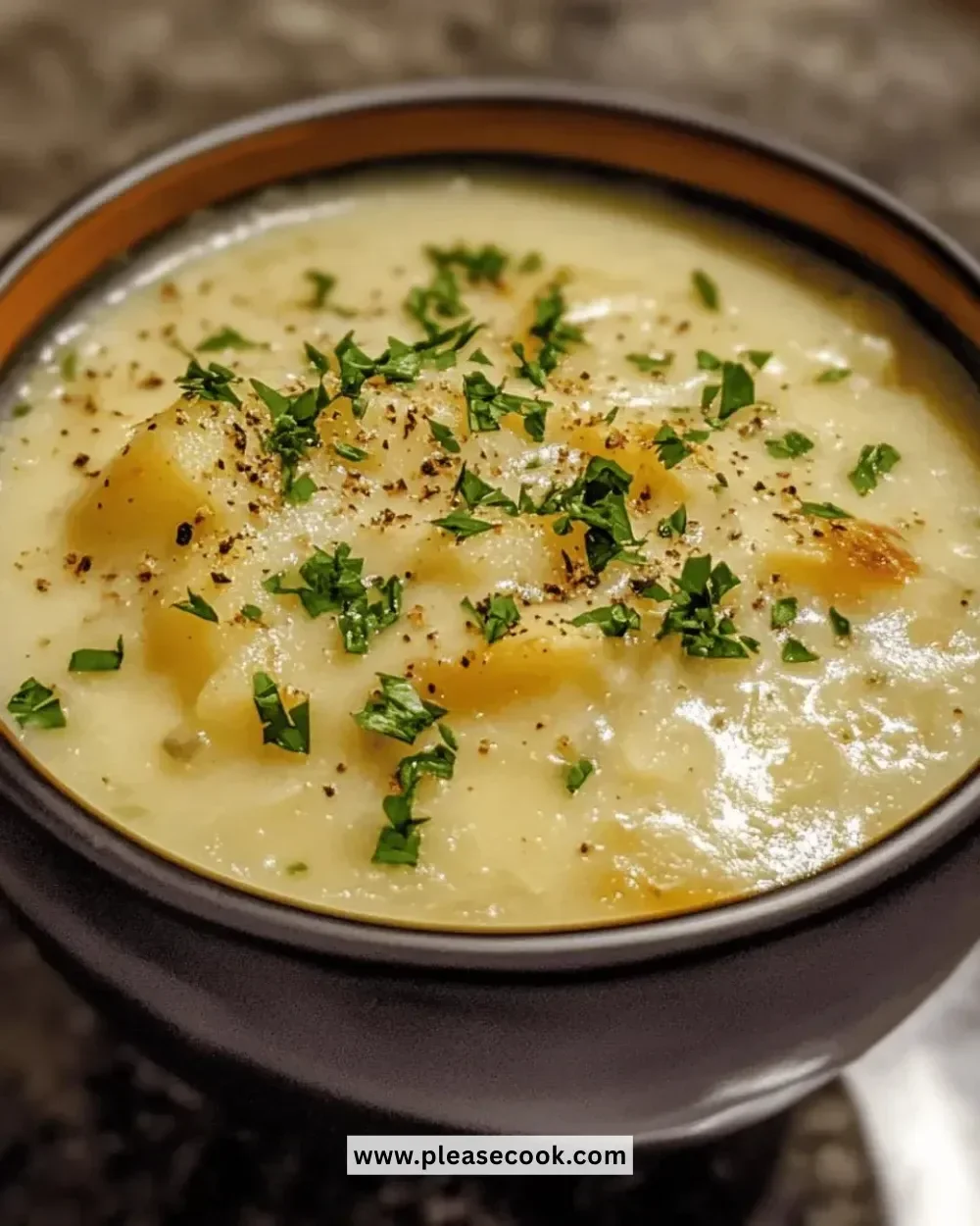 Bowl of creamy Instant Pot potato soup garnished with herbs