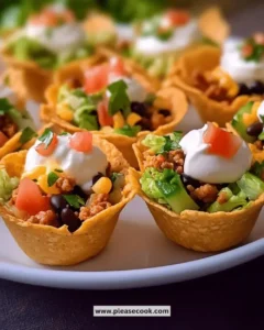 Mini taco salad cups served on a platter, filled with ingredients