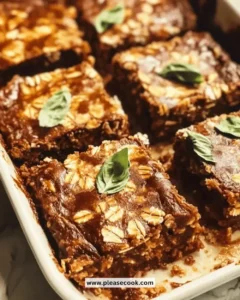 No-bake chocolate oat bars stacked on a plate with chocolate drizzle