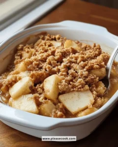 Bowl of easy apple cinnamon crisp topped with ice cream