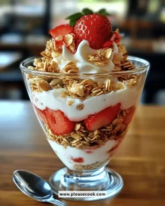 Easy strawberry yogurt parfait with layers of yogurt, strawberries, and granola.