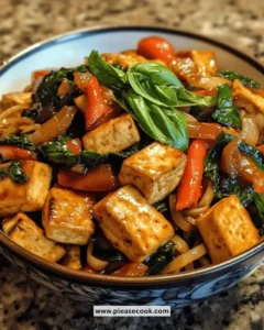 Delicious bowl of easy Thai basil tofu stir fry with vibrant vegetables
