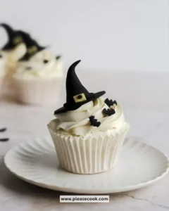 Delicious witch hat cupcakes decorated for Halloween.
