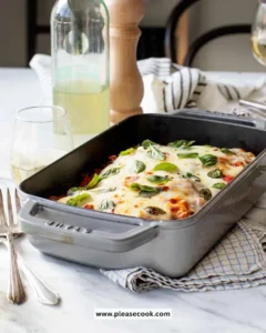 A plate of Eggplant Parmesan garnished with fresh basil and cheese