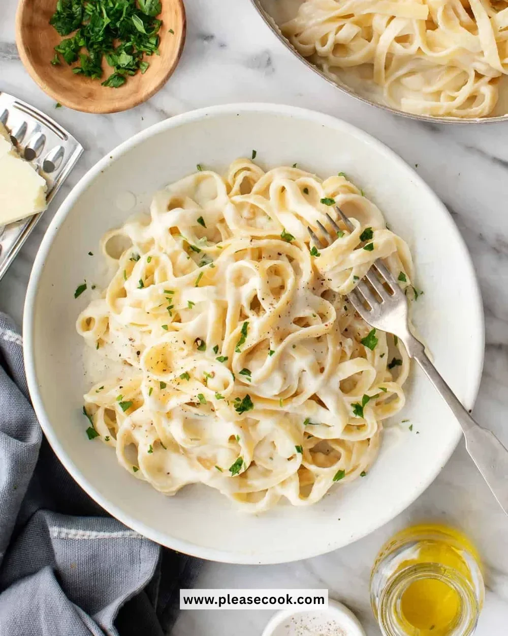 A plate of Fettuccine Alfredo topped with parsley and grated cheese