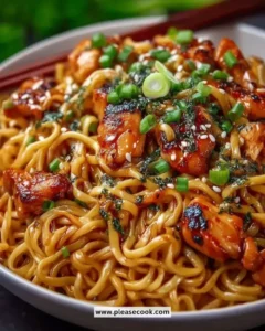 Delicious Garlic Chicken Noodles served in a white bowl
