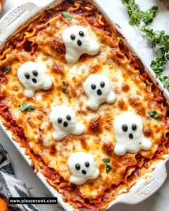 Ghostly lasagna with eerie presentation and spooky toppings for Halloween