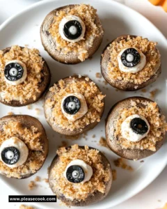 Plate of ghoulish stuffed mushrooms ready for a Halloween feast