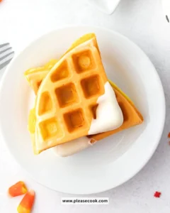 Halloween candy corn waffles topped with whipped cream and candy corn