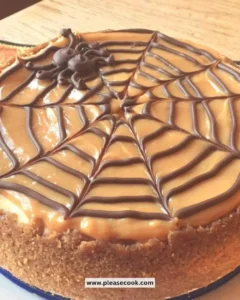 Halloween Spider Web Cheesecake topped with chocolate webs and spooky decorations