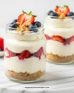 High-protein cheesecake jars with a creamy texture and delicious toppings