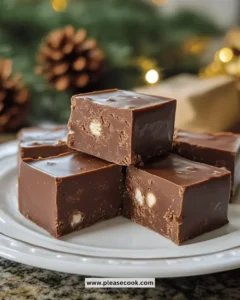 Plate of indulgent holiday chocolate fudge topped with sprinkles.