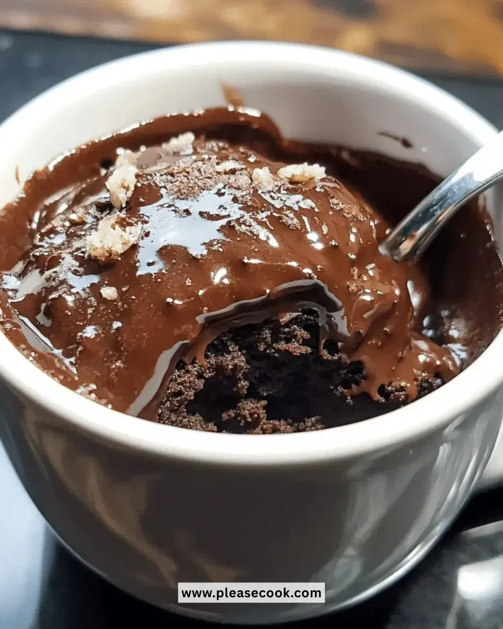 Irresistible chocolate lava mug cake topped with melted chocolate