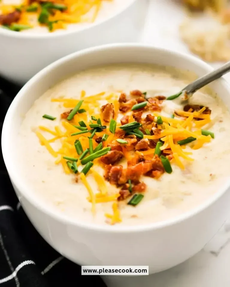 Delicious loaded baked potato soup garnished with cheese and green onions