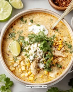 Delicious bowl of Mexican street corn soup topped with cilantro and lime.