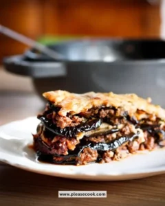 Delicious homemade Moussaka served on a plate with layers of eggplant and meat