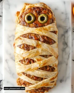 Delicious Mummy Meatloaf served with spooky decorations for Halloween.