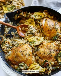 One skillet creamy orzo chicken dish garnished with herbs
