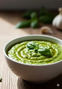 Nut-free pesto sauce made with fresh basil and olive oil