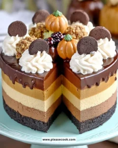 A delicious slice of Pumpkin Chocolate Mousse Cake showcasing chocolate and pumpkin layers.