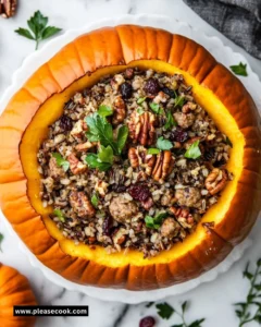 Pumpkin stuffed with wild rice and sausage, garnished with herbs.
