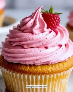 Delicious Raspberry Buttercream Frosting spread on a vanilla cupcake