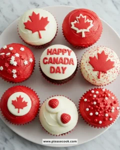 Delicious red and white Canada Day cupcakes decorated for celebration
