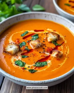 Bowl of roasted red pepper soup garnished with herbs and served with bread