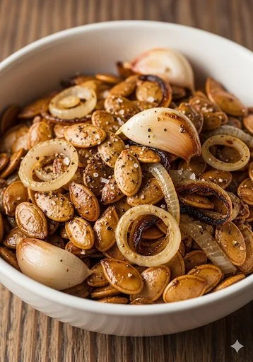 Savory garlic and onion roasted pumpkin seeds in a bowl
