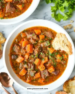 Slow cooker beef and sweet potato stew, a hearty meal in a bowl.