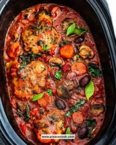 A bowl of Slow Cooker Chicken Cacciatore with herbs and vegetables