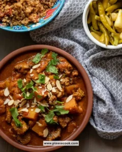 Bowl of Slow Cooker Moroccan Lamb Stew with spices and vegetables