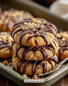 Delicious Snickers Peanut Butter Cookies stacked on a plate