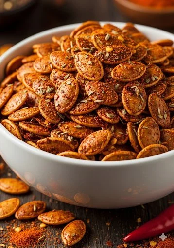 Bowl of spicy roasted pumpkin seeds garnished with spices