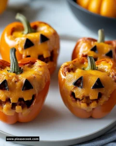 Stuffed bell peppers with creepy faces for Halloween-themed food