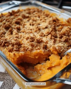 Sweet potato casserole topped with crunchy pecans and marshmallows