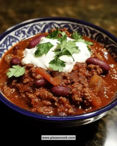 Delicious bowl of Crockpot Chili Con Carne with garnishes