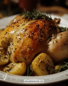 Juicy roast chicken with herbs on a serving platter