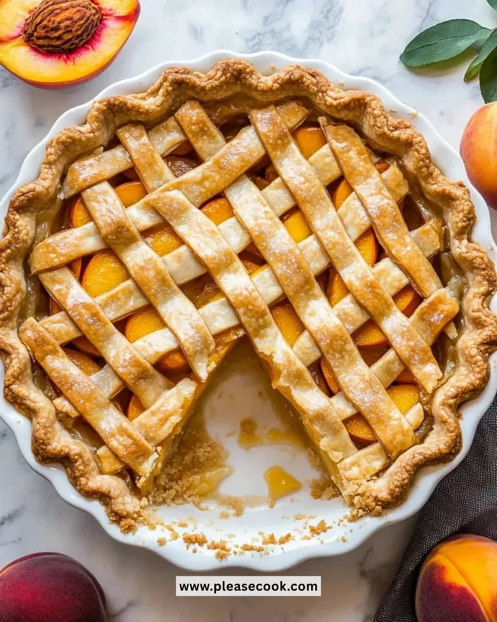 Delicious peach pie with golden crust and fresh peach filling