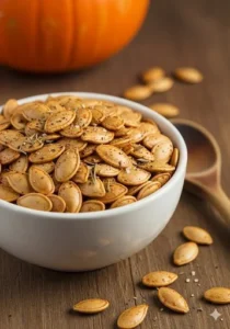 Baked pumpkin seeds in a bowl, seasoned and ready to eat.
