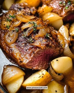 Delicious apple cider braised beef shoulder served on a rustic plate.