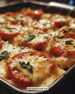 Delicious cheesy tomato basil bake with melted cheese and fresh ingredients