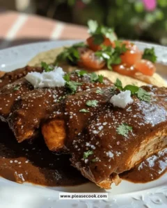 Delicious plate of Mexican turkey mole with rich sauce and garnish.