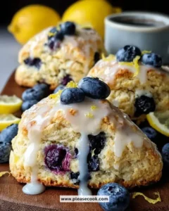 Freshly baked blueberry lemon scones on a rustic wooden table